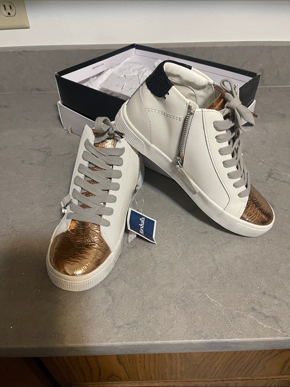 Dolce Vita White High-Top Sneakers with Metallic Gold Toe and Gray Laces
